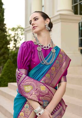 Kimisha women's blue silk blend banarasi saree with unstitched blouse piece 3