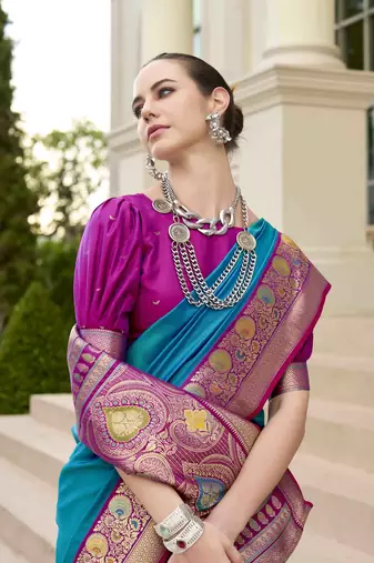 Kimisha women's blue silk blend banarasi saree with unstitched blouse piece