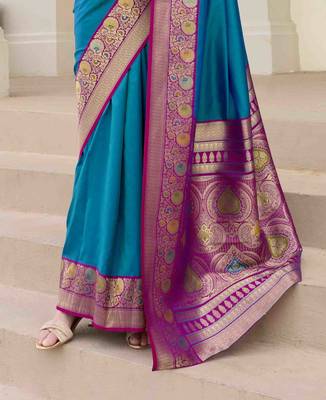 Kimisha women's blue silk blend banarasi saree with unstitched blouse piece 4