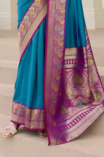 Kimisha women's blue silk blend banarasi saree with unstitched blouse piece