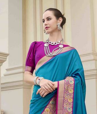 Kimisha women's blue silk blend banarasi saree with unstitched blouse piece 5