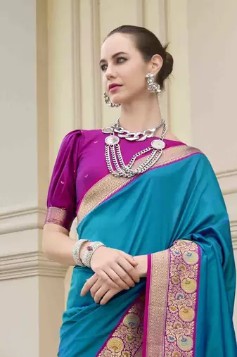 Kimisha women's blue silk blend banarasi saree with unstitched blouse piece