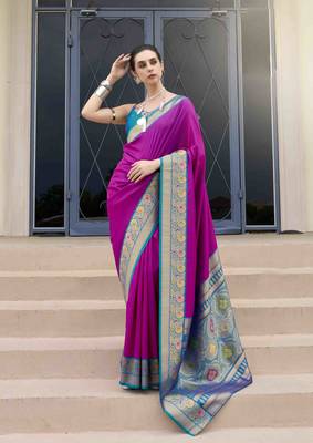 Kimisha women's purple silk blend banarasi saree with unstitched blouse piece 1