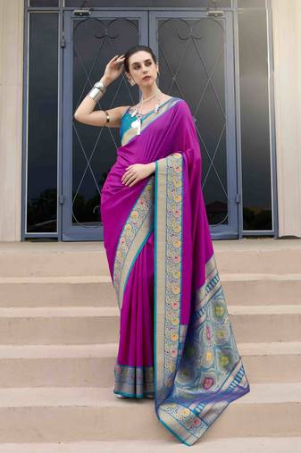 Kimisha women's purple silk blend banarasi saree with unstitched blouse piece