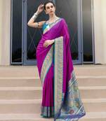 Kimisha women's purple silk blend banarasi saree with unstitched blouse piece