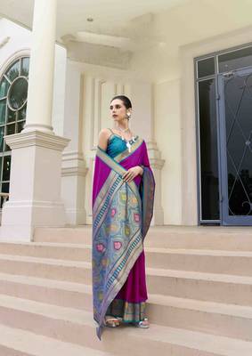 Kimisha women's purple silk blend banarasi saree with unstitched blouse piece 2