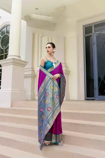 Kimisha women's purple silk blend banarasi saree with unstitched blouse piece