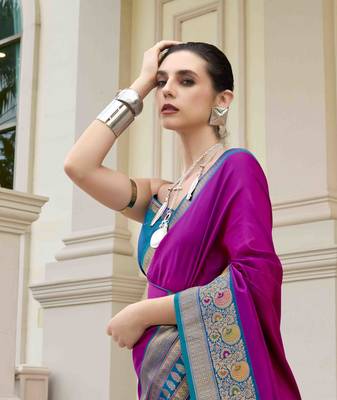 Kimisha women's purple silk blend banarasi saree with unstitched blouse piece 3