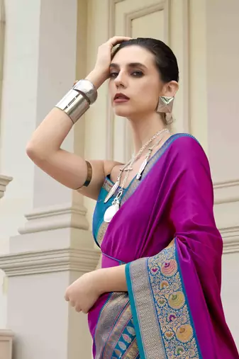 Kimisha women's purple silk blend banarasi saree with unstitched blouse piece