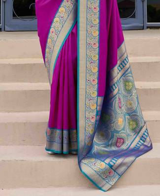 Kimisha women's purple silk blend banarasi saree with unstitched blouse piece 4