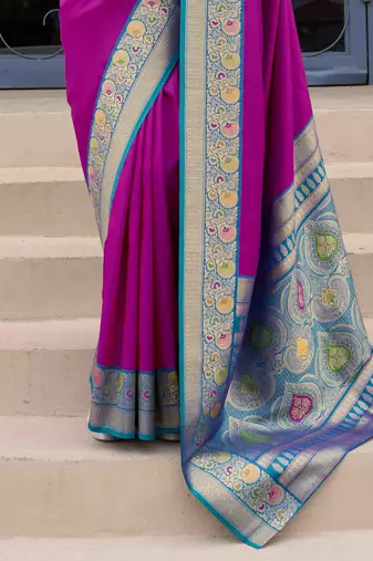 Kimisha women's purple silk blend banarasi saree with unstitched blouse piece