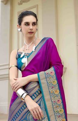 Kimisha women's purple silk blend banarasi saree with unstitched blouse piece 5