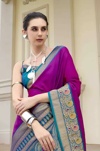 Kimisha women's purple silk blend banarasi saree with unstitched blouse piece