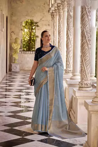 Kimisha sky blue tissue silk saree with unstitched blouse piece