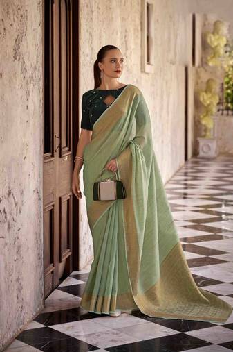 Kimisha sea green tissue silk saree with unstitched blouse piece