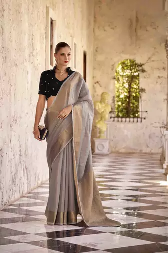 Kimisha grey tissue silk saree with unstitched blouse piece
