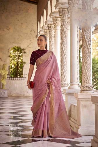 Kimisha pink tissue silk saree with unstitched blouse piece