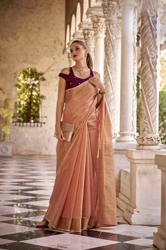Kimisha peach tissue silk saree with unstitched blouse piece