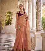 Kimisha peach tissue silk saree with unstitched blouse piece