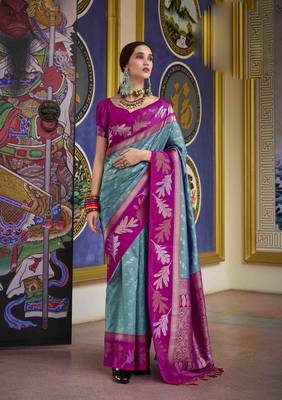 Kimisha blue silk blend banarasi saree with unstitched blouse piece 1