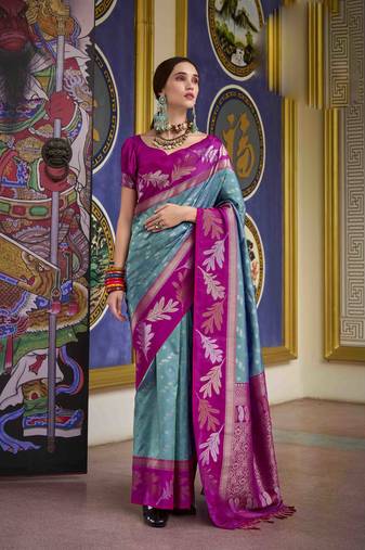 Kimisha blue silk blend banarasi saree with unstitched blouse piece