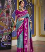 Kimisha blue silk blend banarasi saree with unstitched blouse piece