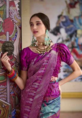 Kimisha blue silk blend banarasi saree with unstitched blouse piece 2