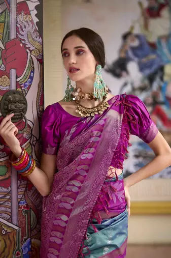 Kimisha blue silk blend banarasi saree with unstitched blouse piece