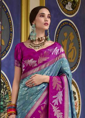Kimisha blue silk blend banarasi saree with unstitched blouse piece 3