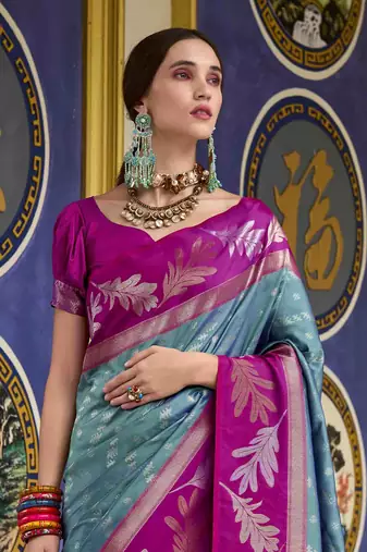 Kimisha blue silk blend banarasi saree with unstitched blouse piece