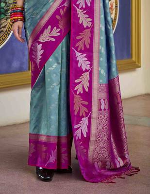 Kimisha blue silk blend banarasi saree with unstitched blouse piece 4