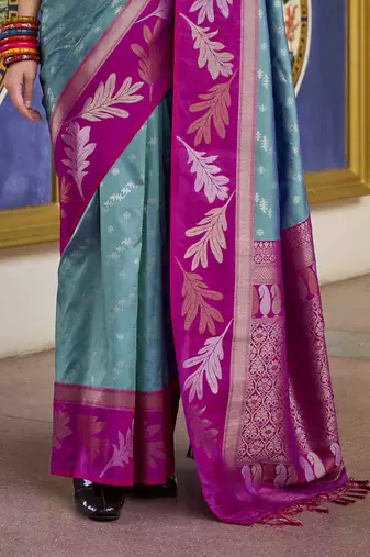 Kimisha blue silk blend banarasi saree with unstitched blouse piece