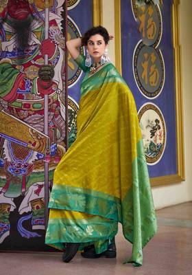 Kimisha neon silk blend banarasi saree with unstitched blouse piece 1