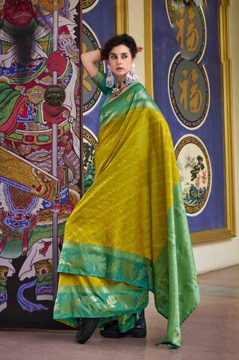 Kimisha neon silk blend banarasi saree with unstitched blouse piece