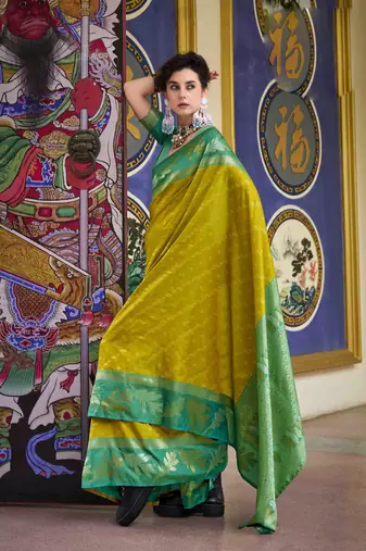 Kimisha neon silk blend banarasi saree with unstitched blouse piece