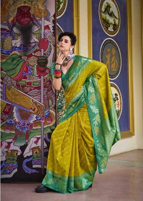 Kimisha neon silk blend banarasi saree with unstitched blouse piece 2