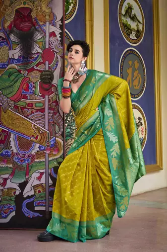 Kimisha neon silk blend banarasi saree with unstitched blouse piece