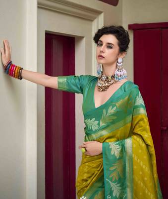 Kimisha neon silk blend banarasi saree with unstitched blouse piece 3