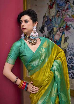 Kimisha neon silk blend banarasi saree with unstitched blouse piece 5