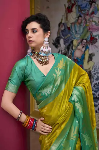 Kimisha neon silk blend banarasi saree with unstitched blouse piece