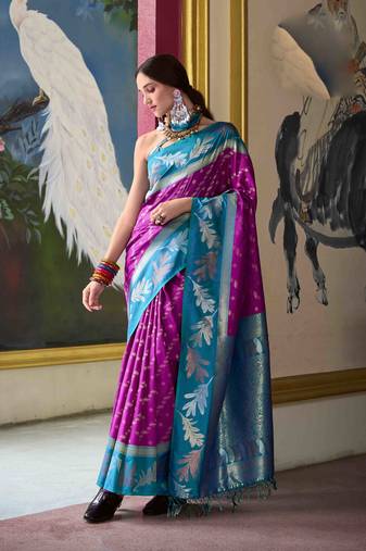 Kimisha purple silk blend banarasi saree with unstitched blouse piece