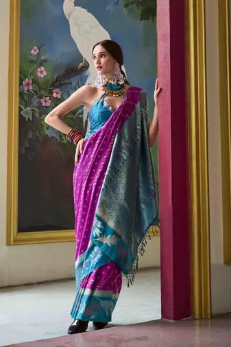 Kimisha purple silk blend banarasi saree with unstitched blouse piece