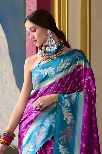 Kimisha purple silk blend banarasi saree with unstitched blouse piece