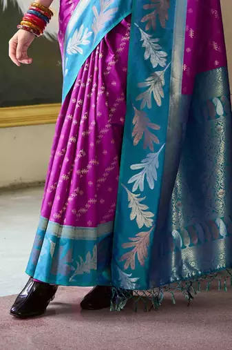 Kimisha purple silk blend banarasi saree with unstitched blouse piece