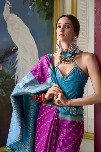 Kimisha purple silk blend banarasi saree with unstitched blouse piece
