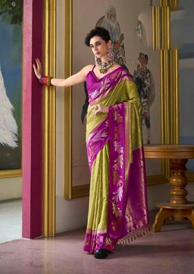Kimisha mehndi silk blend banarasi saree with unstitched blouse piece 1