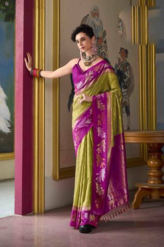 Kimisha mehndi silk blend banarasi saree with unstitched blouse piece