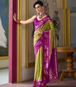 Kimisha mehndi silk blend banarasi saree with unstitched blouse piece