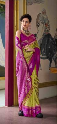 Kimisha mehndi silk blend banarasi saree with unstitched blouse piece 2