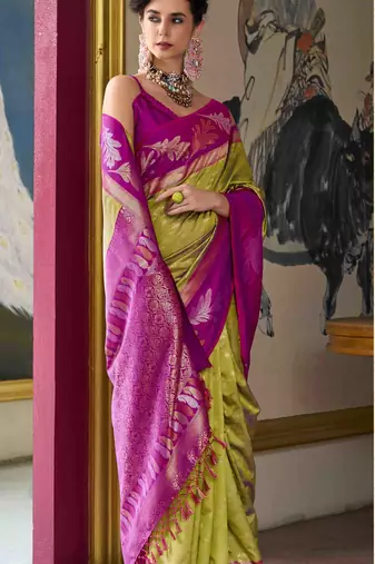 Kimisha mehndi silk blend banarasi saree with unstitched blouse piece